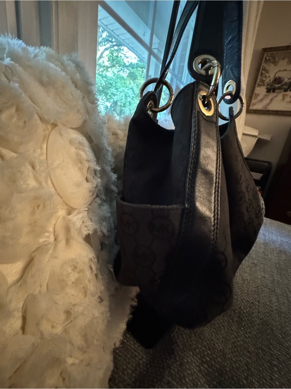 Michael Kors Black Signature Jacquard Drawstring Shoulder Bag Gold Hardware - Picture 4 of 10